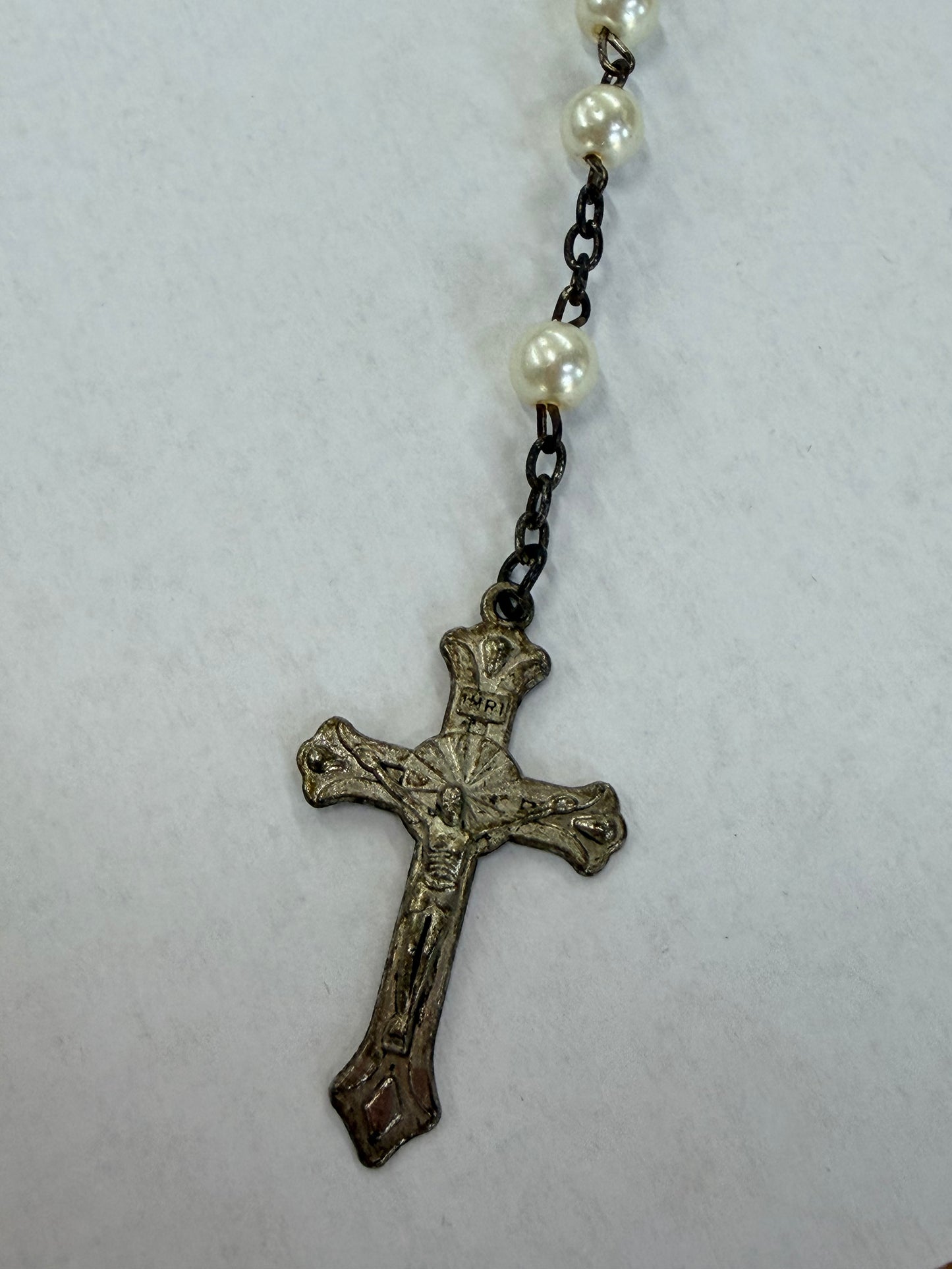 Vintage Cross Virgin Mary Necklace with Pearl Accent
