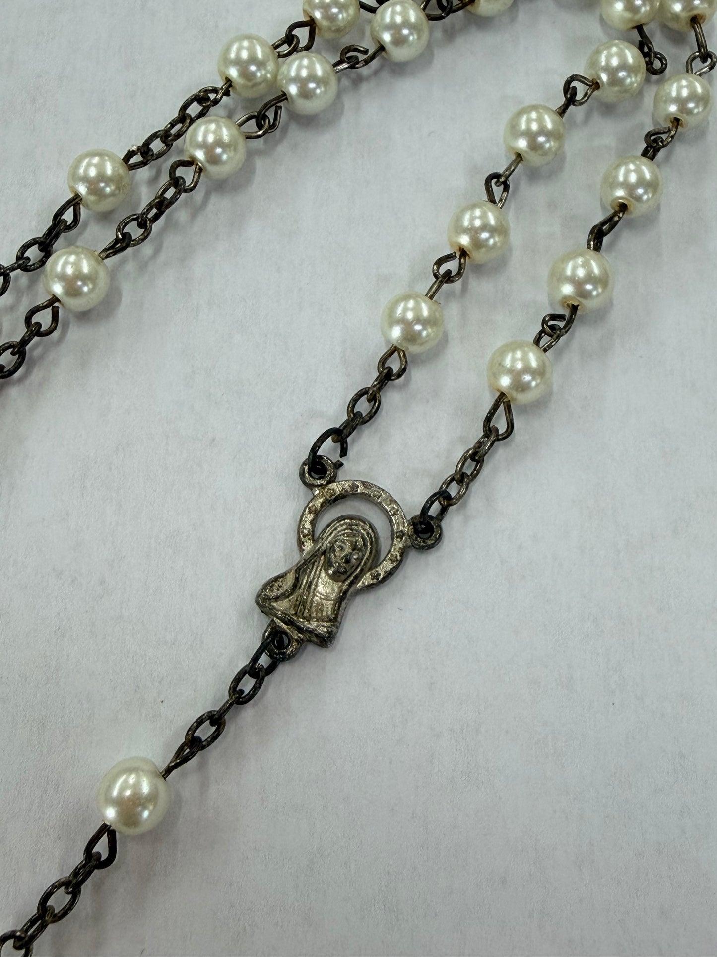 Vintage Cross Virgin Mary Necklace with Pearl Accent