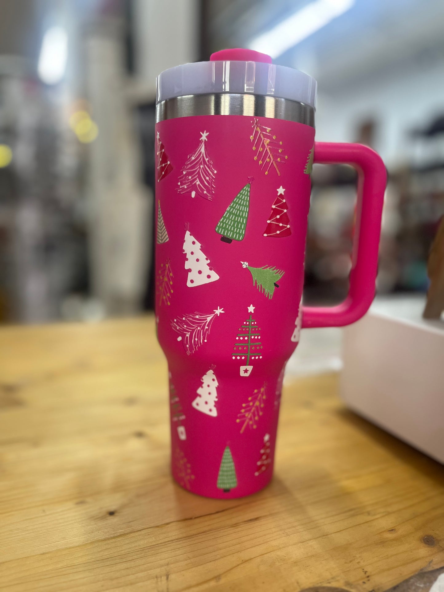 40oz Christmas Tree Stainless Steel Tumbler- Fuchsia