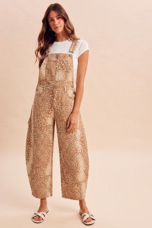 Deer Bambi Print Denim Barrel Overalls
