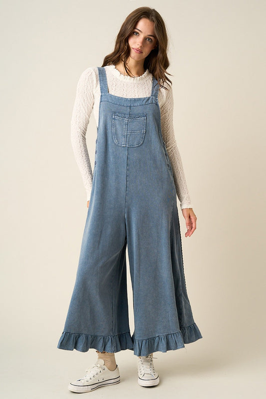 Mineral Washed Ruffle Hem Overall Jumpsuit