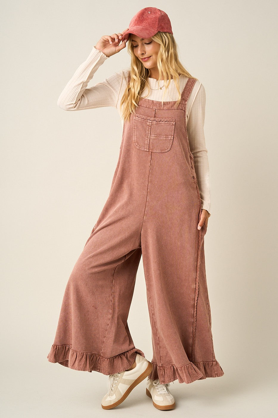 Mineral Washed Ruffle Hem Overall Jumpsuit