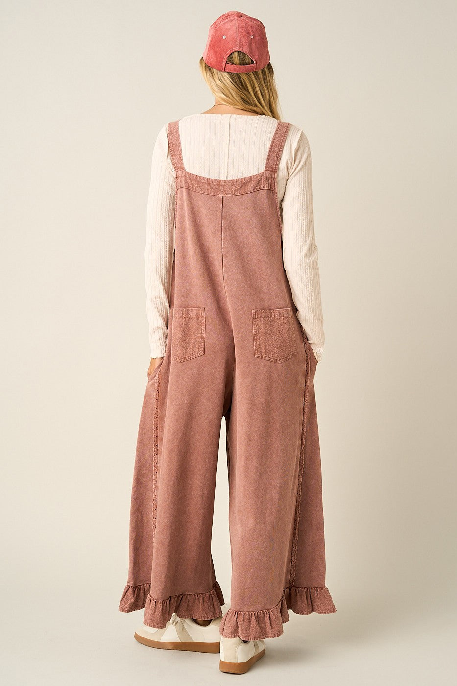 Mineral Washed Ruffle Hem Overall Jumpsuit