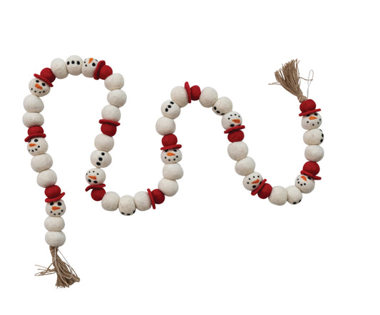 Handmade Wool Felt Snowman Garland with Jute Tassels