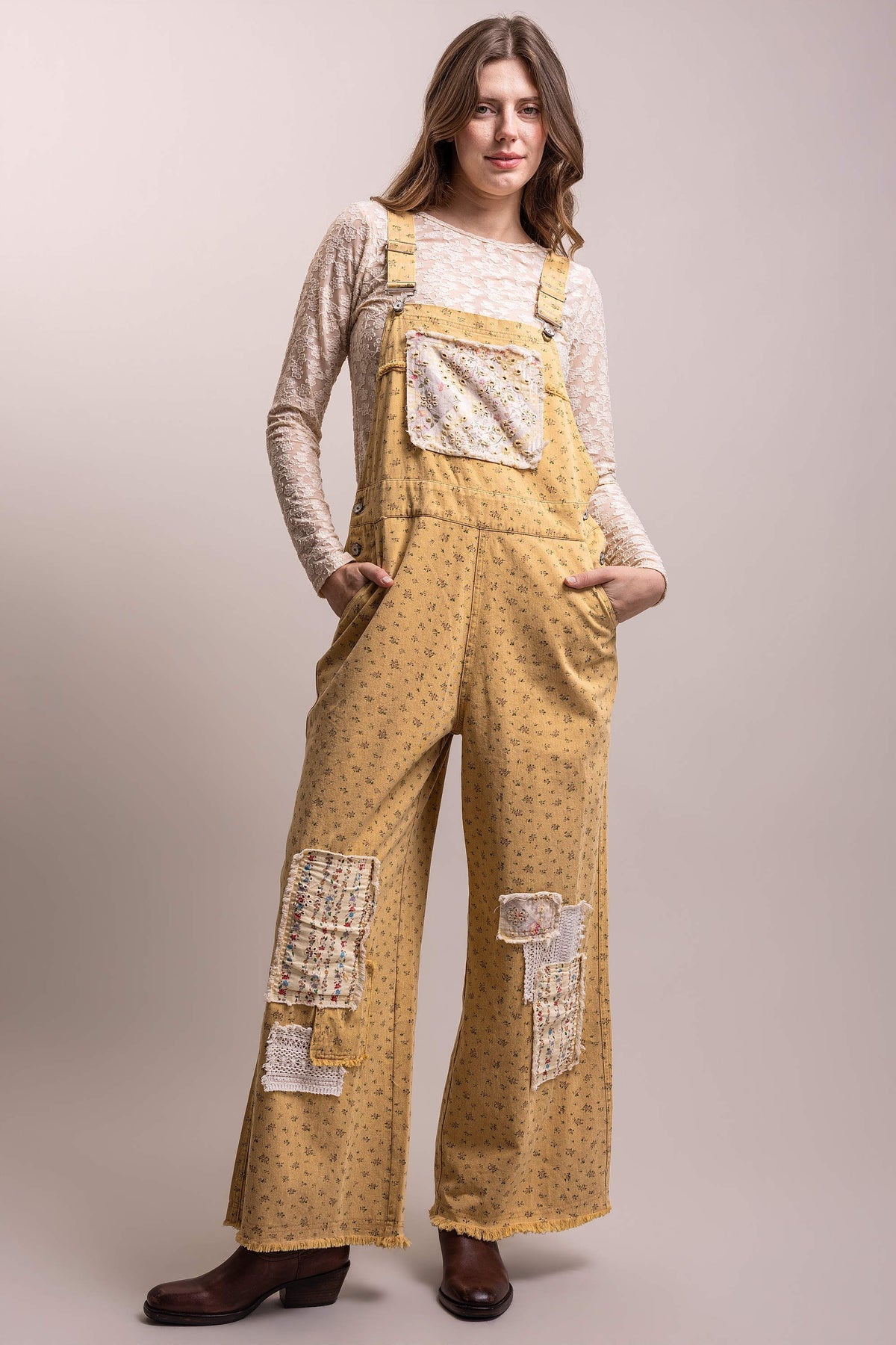 Flower Print Patchwork Wide Leg Overalls
