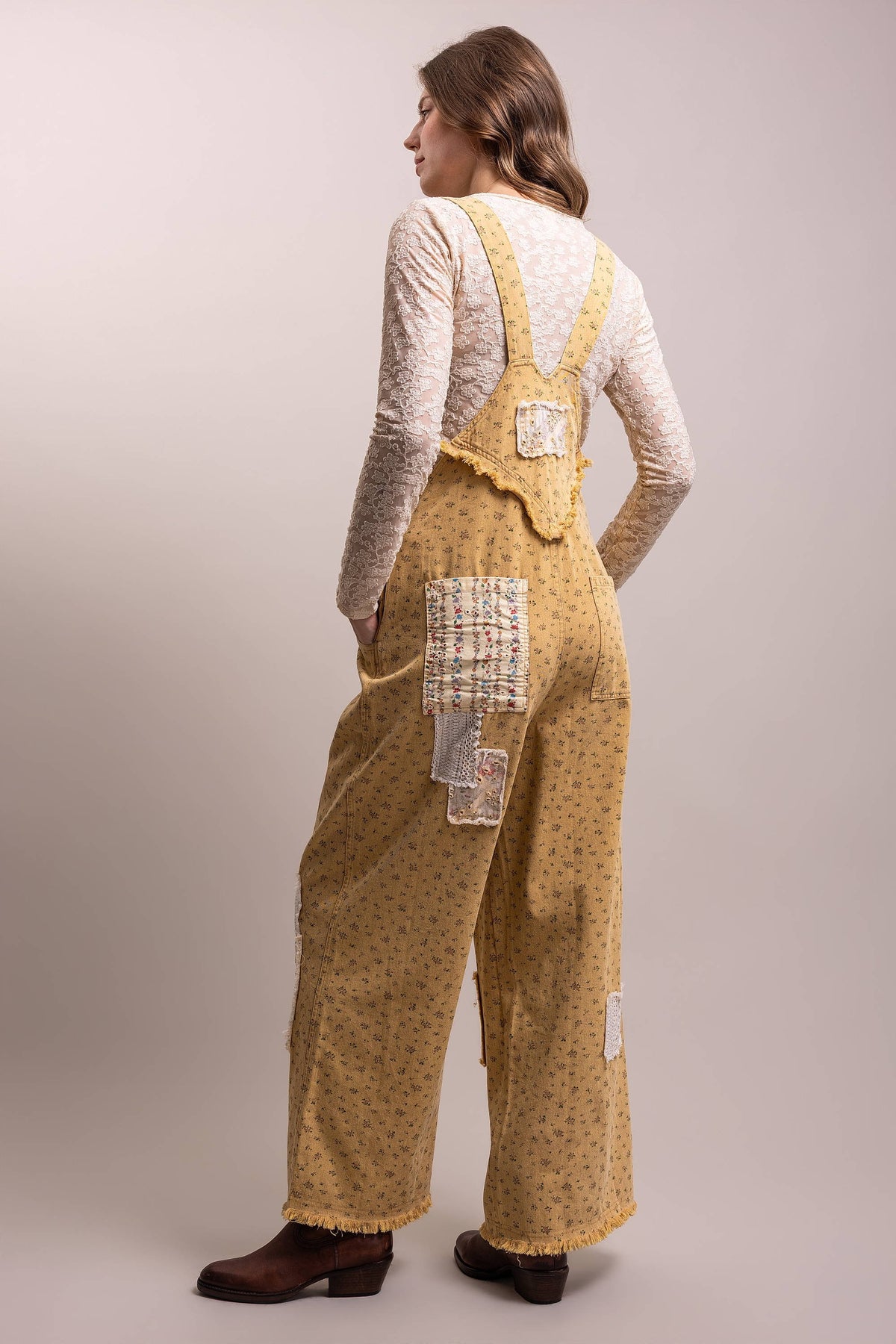 Flower Print Patchwork Wide Leg Overalls