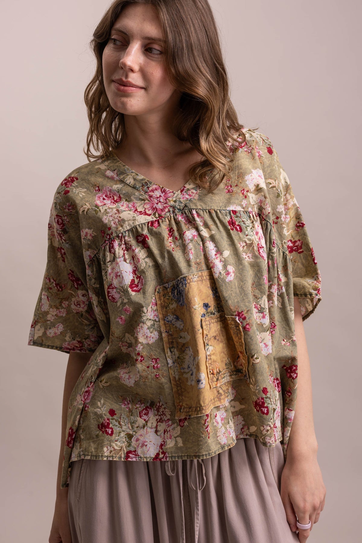Flower Print Patchwork V-Neck Loose Fit Top