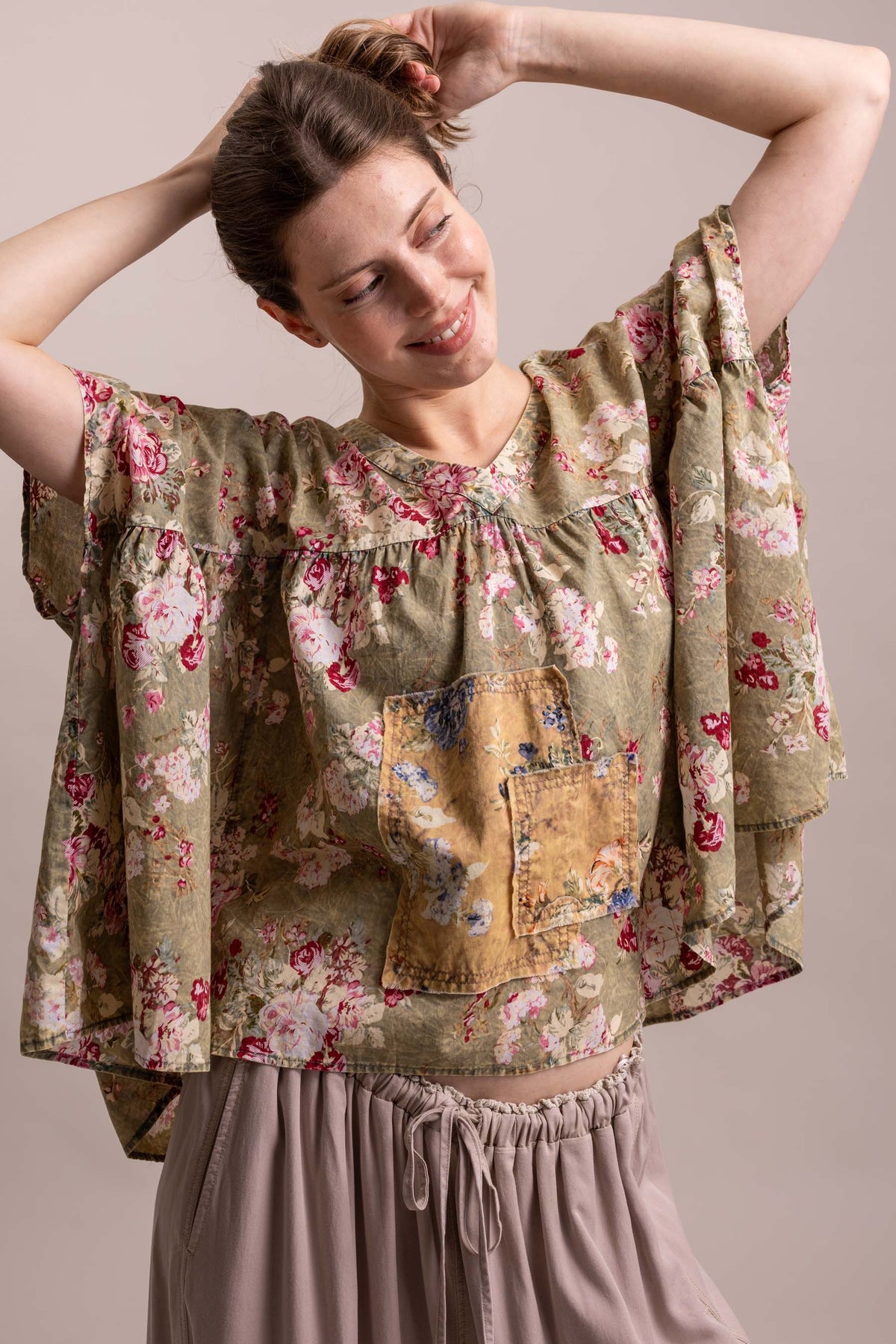 Flower Print Patchwork V-Neck Loose Fit Top
