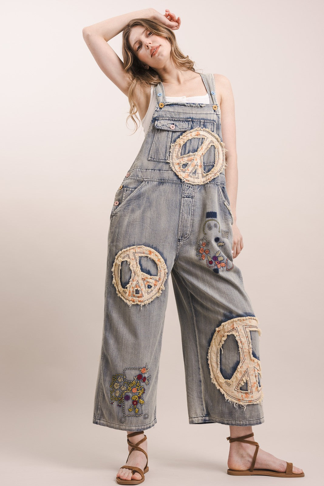 Peace Patchwork Embroidered Denim Bib Overalls