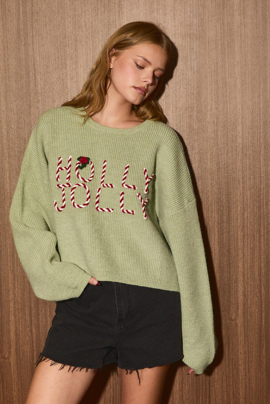 Holly Jolly Embroidered Cropped Knit Sweater