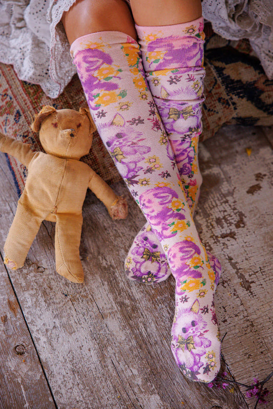 Magnolia Pearl Floral Teddy OTK Socks - Snowball