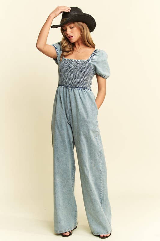 DENIM SMOCKED JUMPSUIT