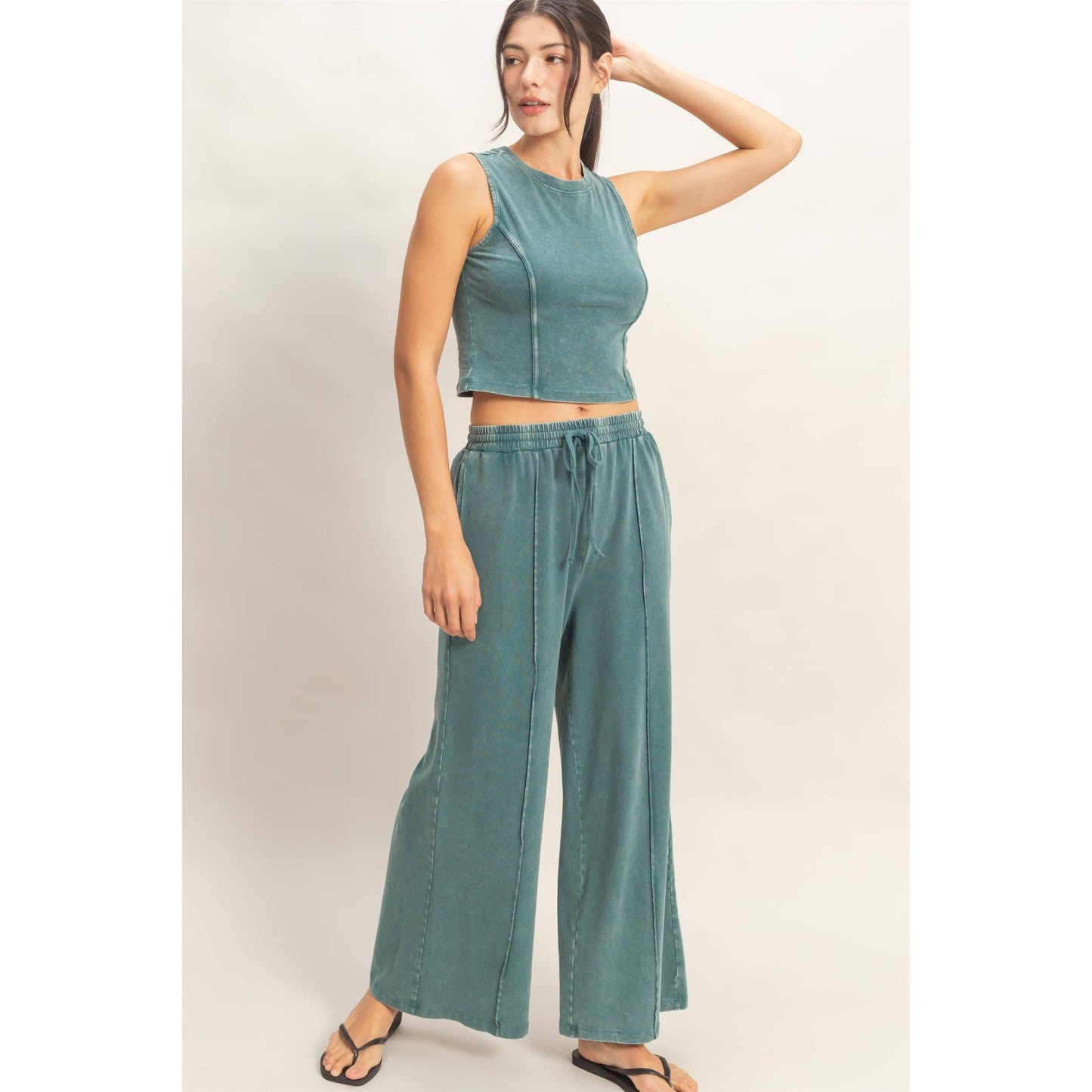 Mineral Washed Sleeveless Top & Wide Leg Pants Set (Sold Separately)