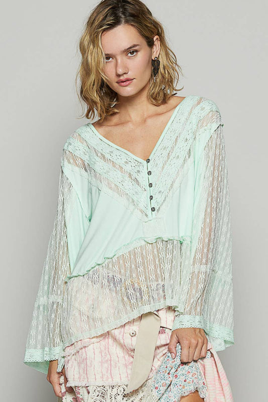 V Neck Long Sleeve Lace Contrast Knit Top