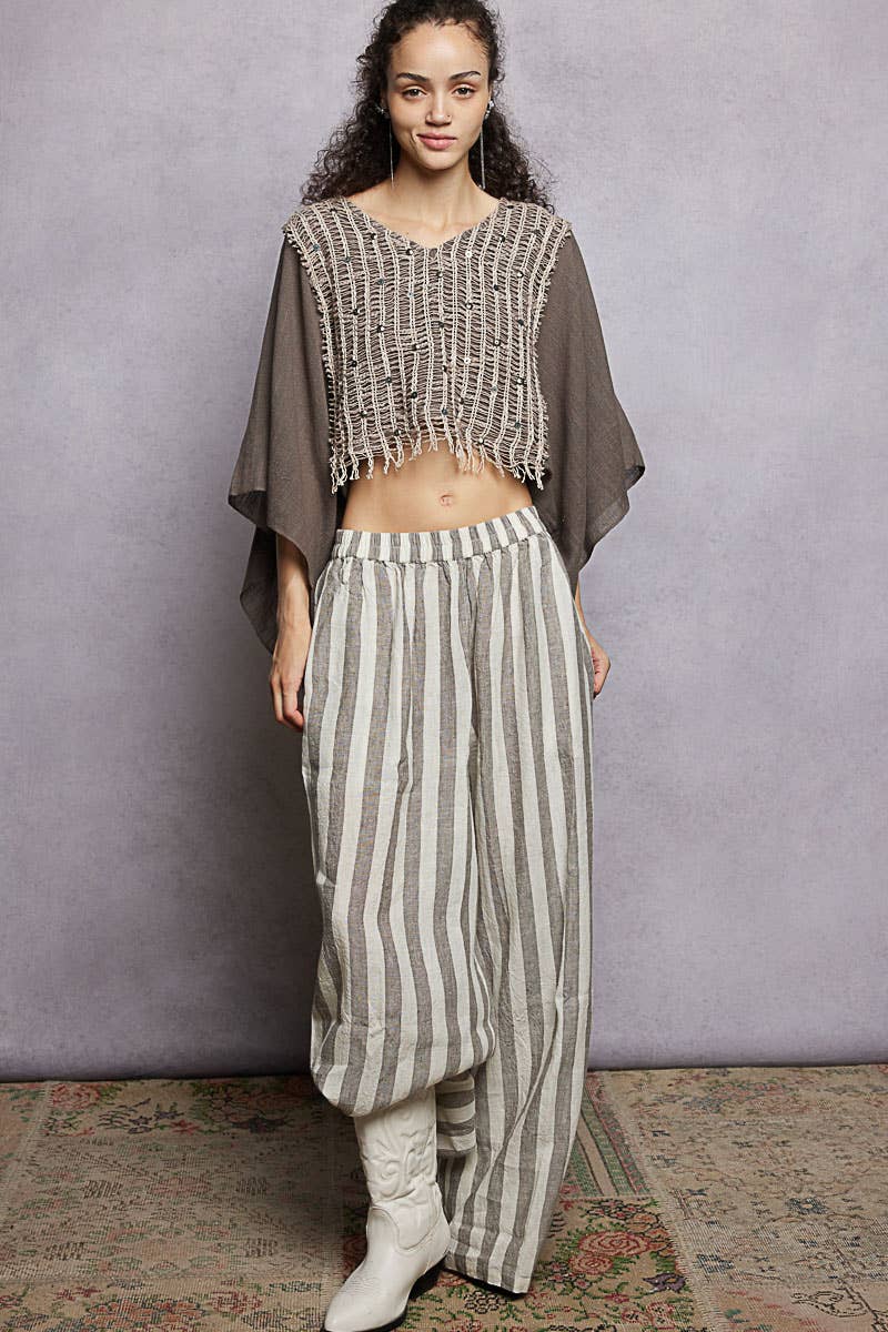 Stripe Pattern Elastic Waist Band Linen Woven Wide Pants