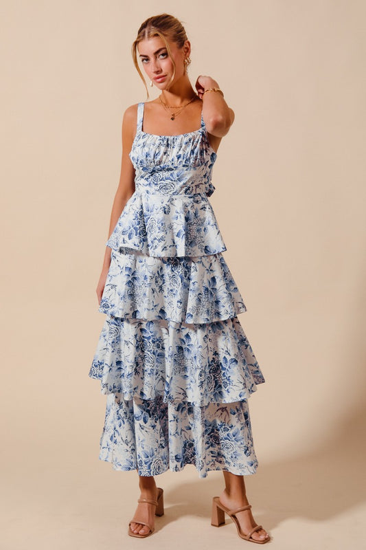 Floral Print Tiered Maxi Dress w/Back Bow