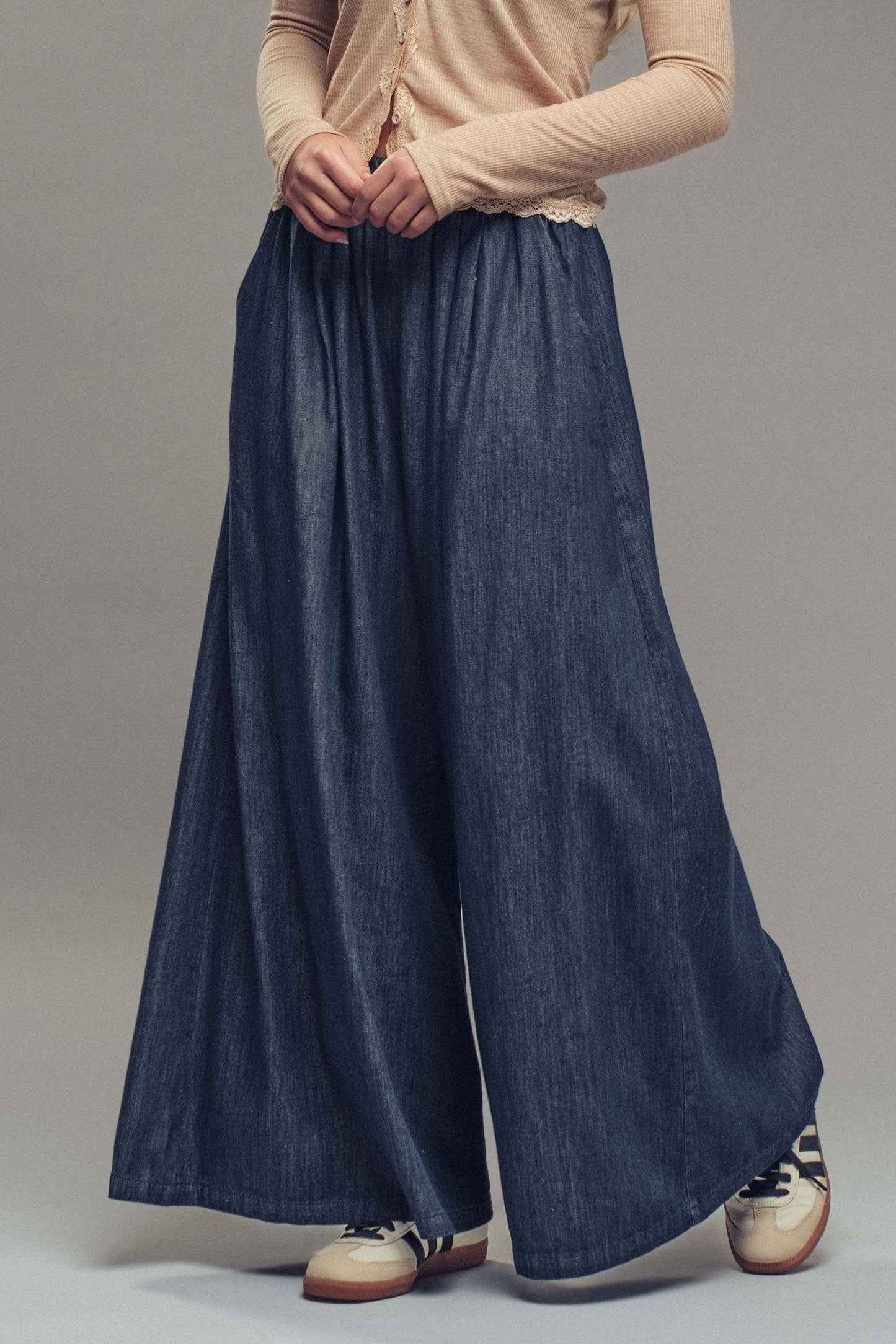 Ultra-Wide Leg Elastic Waist Denim Pants