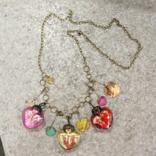 Retro Mercury Glass Clusters of Heart Charm Necklace