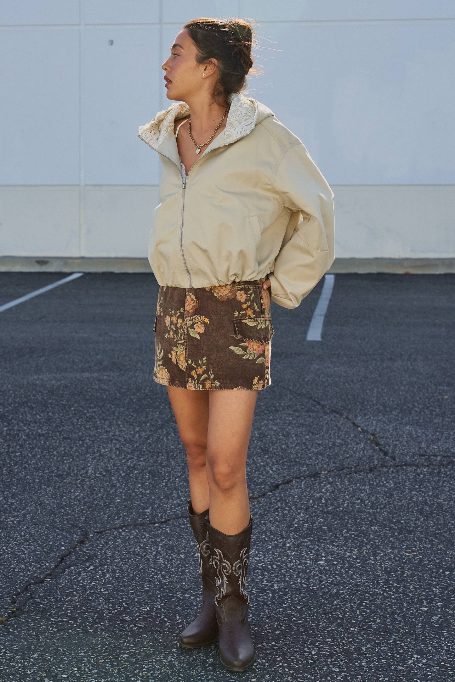 Vintage Floral Cotton Denim Cargo Mini Skirt