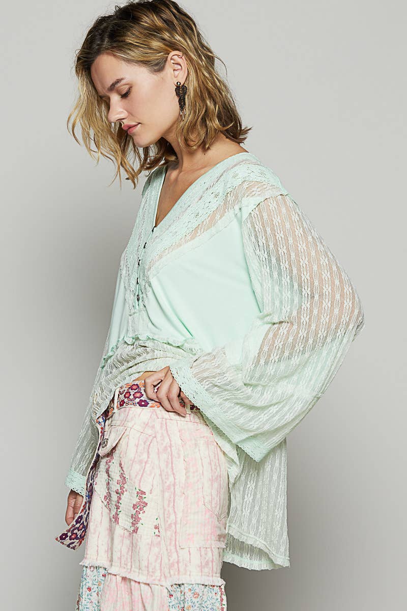 V Neck Long Sleeve Lace Contrast Knit Top
