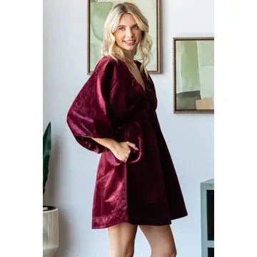 Velvet Puff Sleeve Deep V-Neck Dress