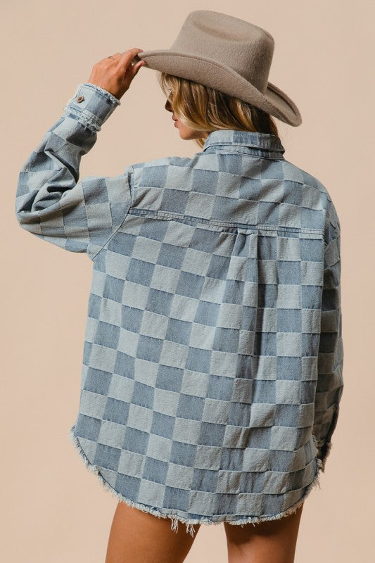 Frayed Edged Detail Washed Checker Denim Shirt