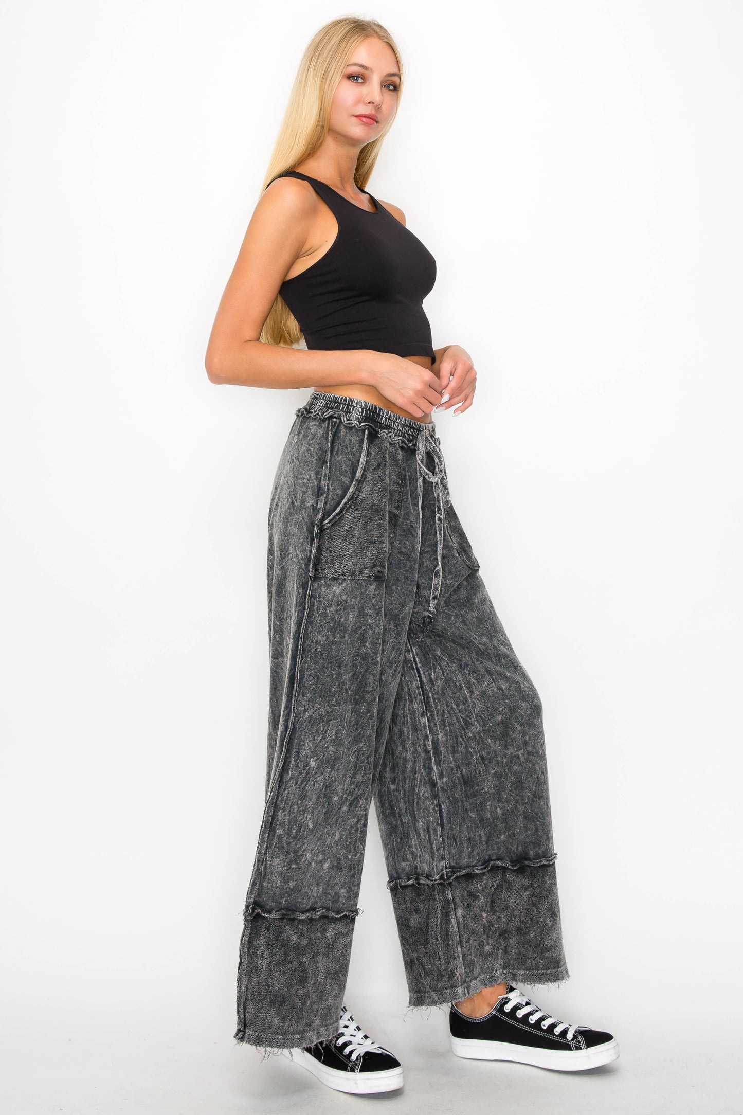 Mineral Wash Wide Pants with Raw Hem & Frayed Details - Ash Black