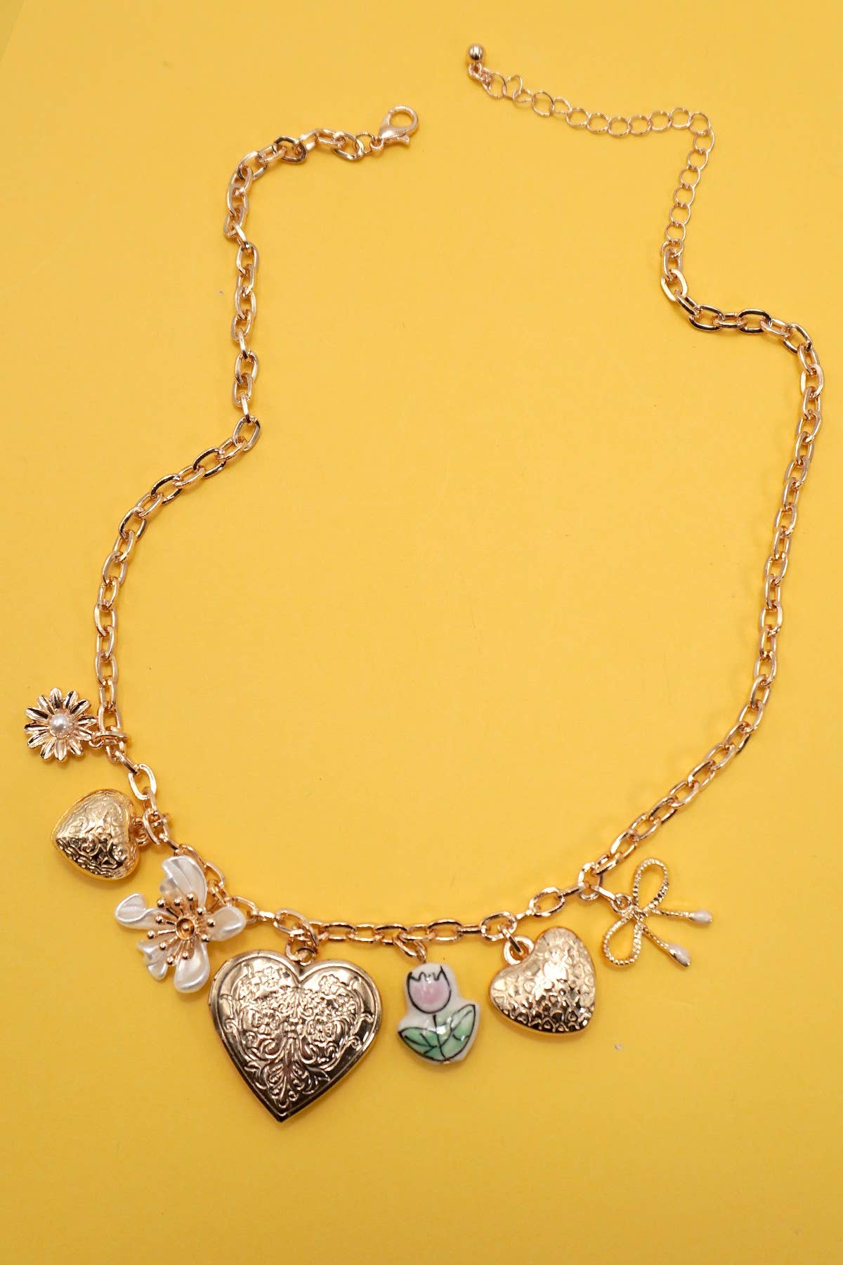 Charm Necklace - Heart Locket Porcelain Flower Bow