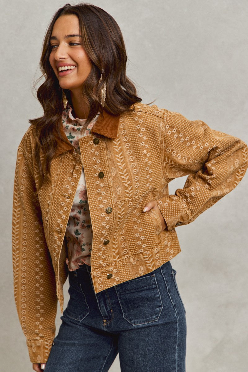 Floral Pattern Twill Corduroy Collar Denim Jacket