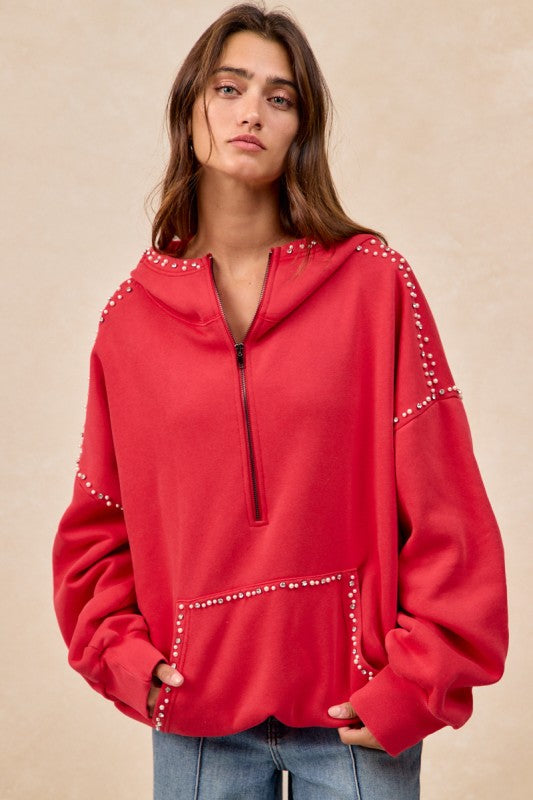 Brushed Terry Half Zip Up Jeweled Hoodie - Red