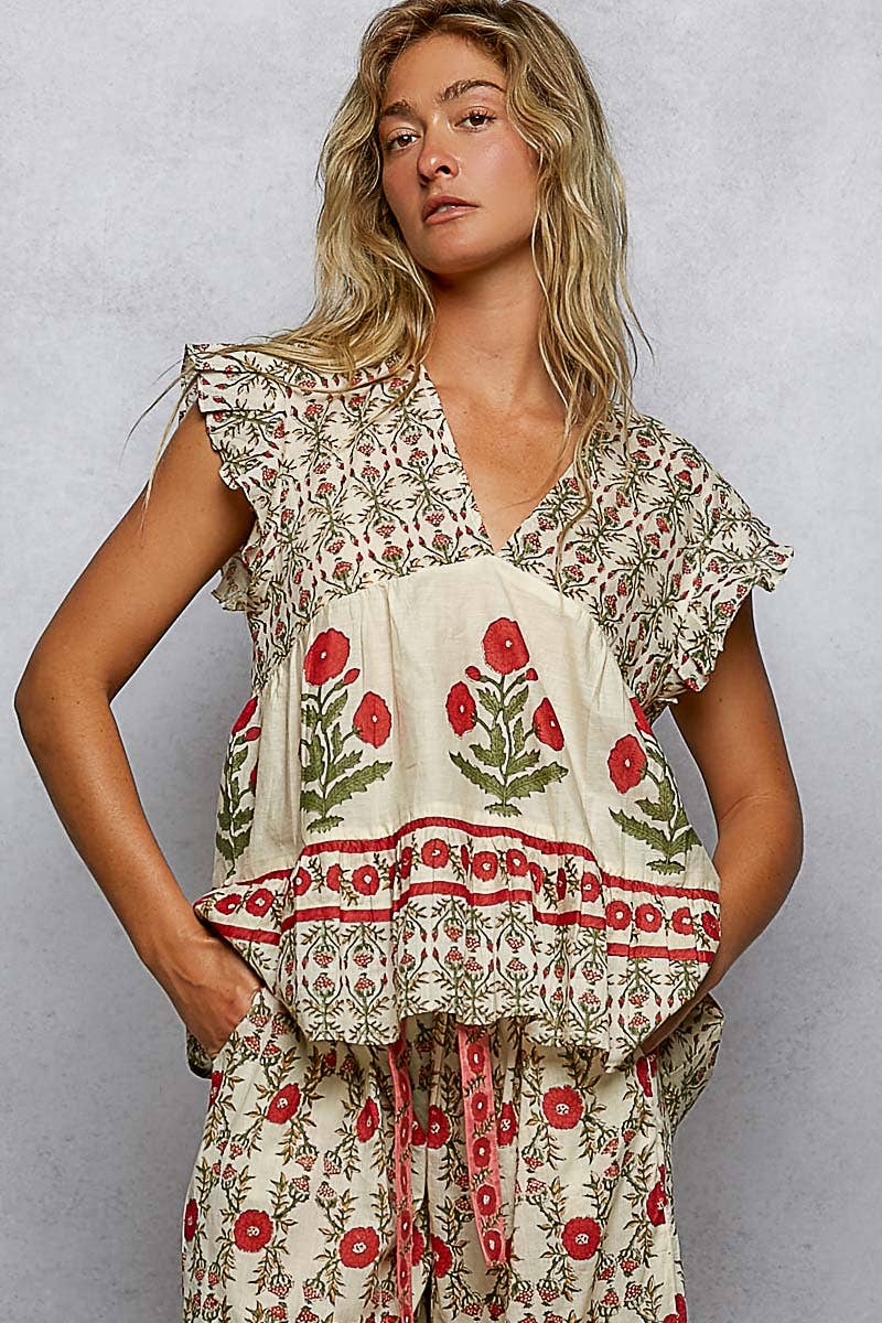 V-Neck Floral Pattern Ruffle Sleeve Top