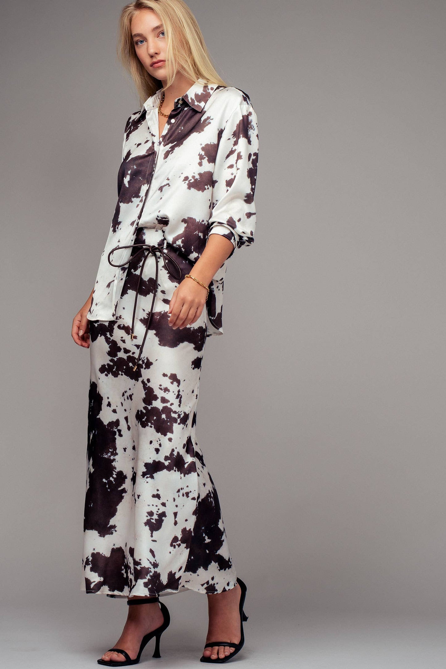 Cowhide Print Satin Drawstring Midi Skirt