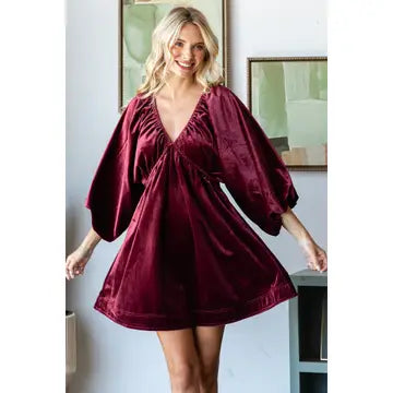 Velvet Puff Sleeve Deep V-Neck Dress