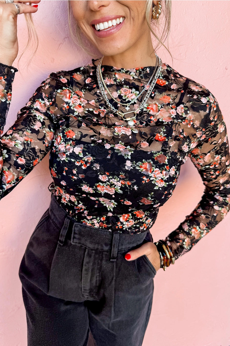 Floral Mesh Long Sleeve Top