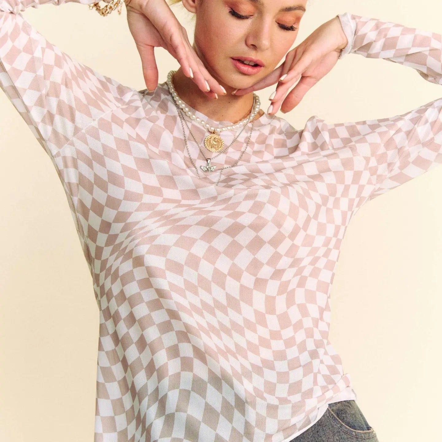 Checker Board Mesh Long Sleeve Layering Top - Ivory/Taupe