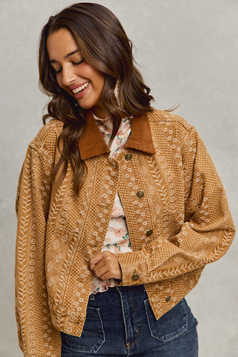 Floral Pattern Twill Corduroy Collar Denim Jacket