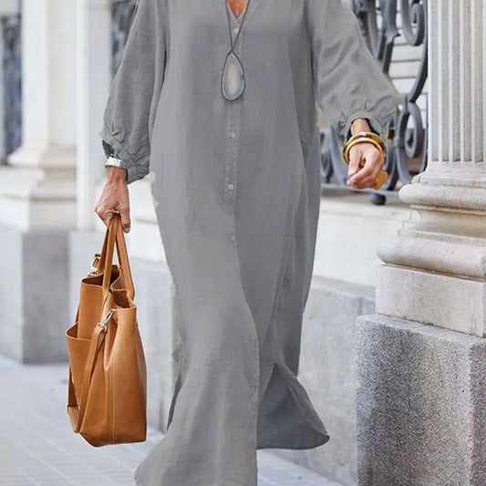 Demure V-Neck Balloon Sleeves Long Dress