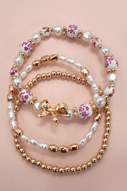 Pink Ceramic Porcelain Bow Multi Layer Bracelet Stack