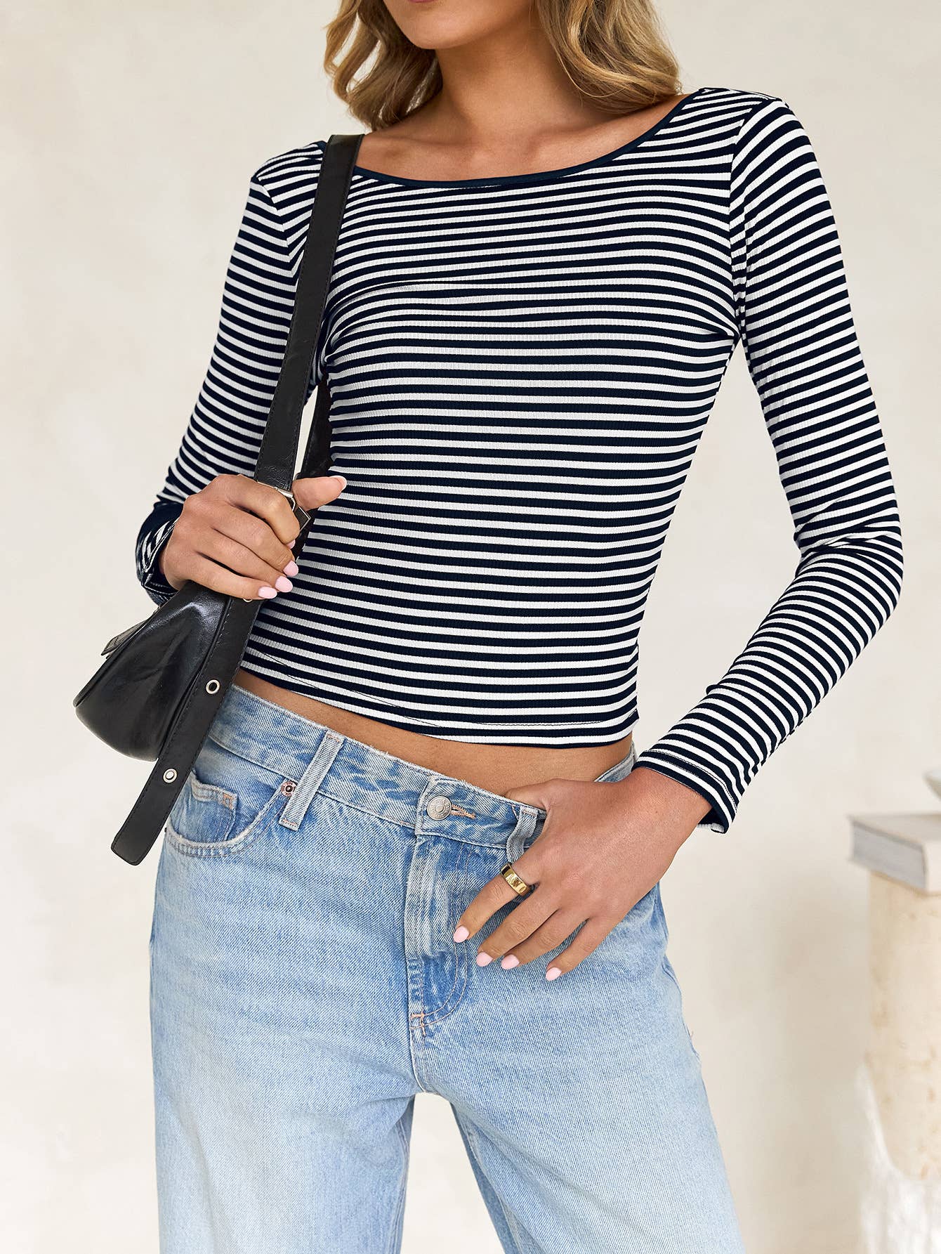 Backless Striped Long Sleeve Top
