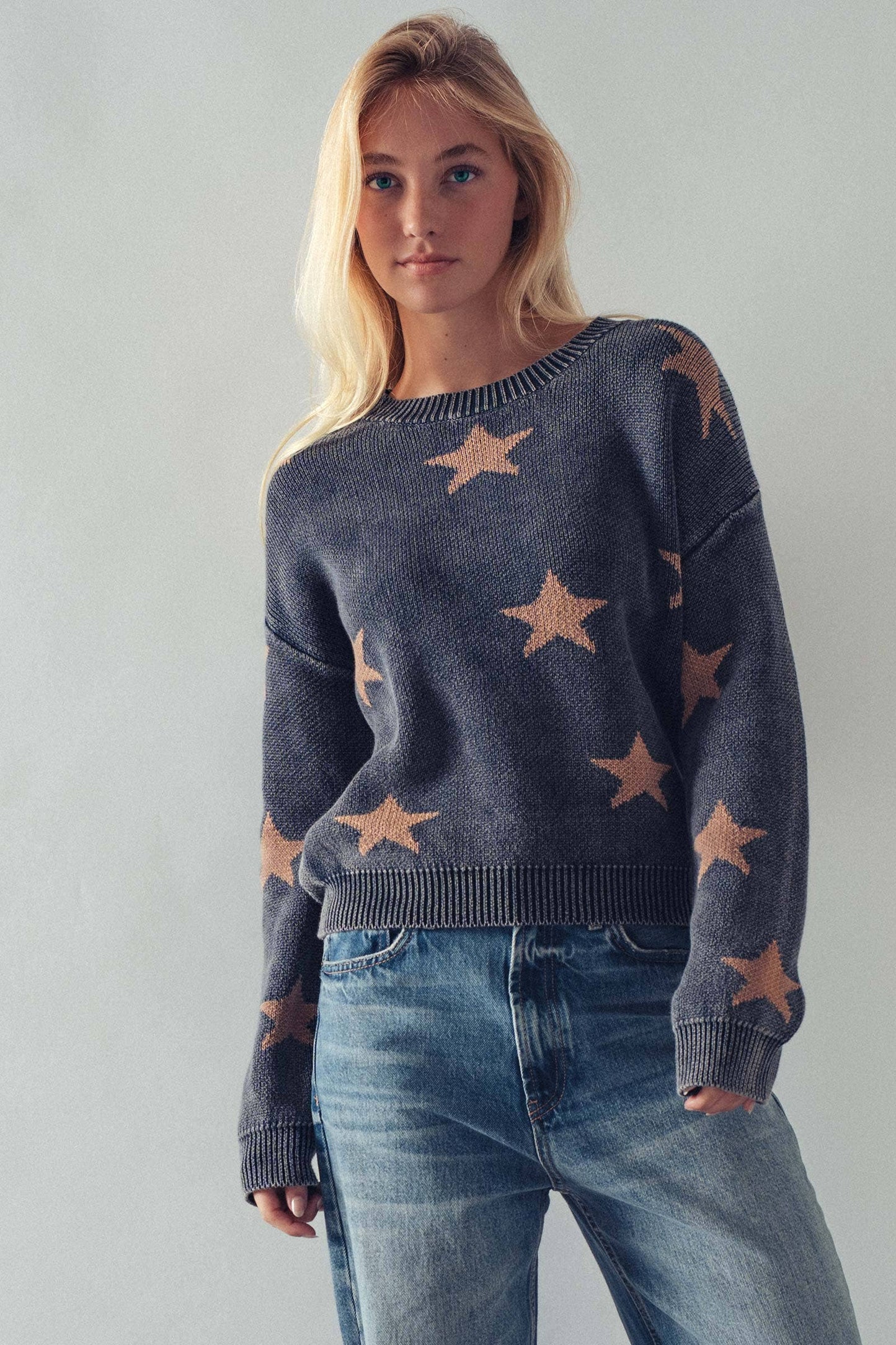 Mineral-Wash Star Motif Knit Sweater