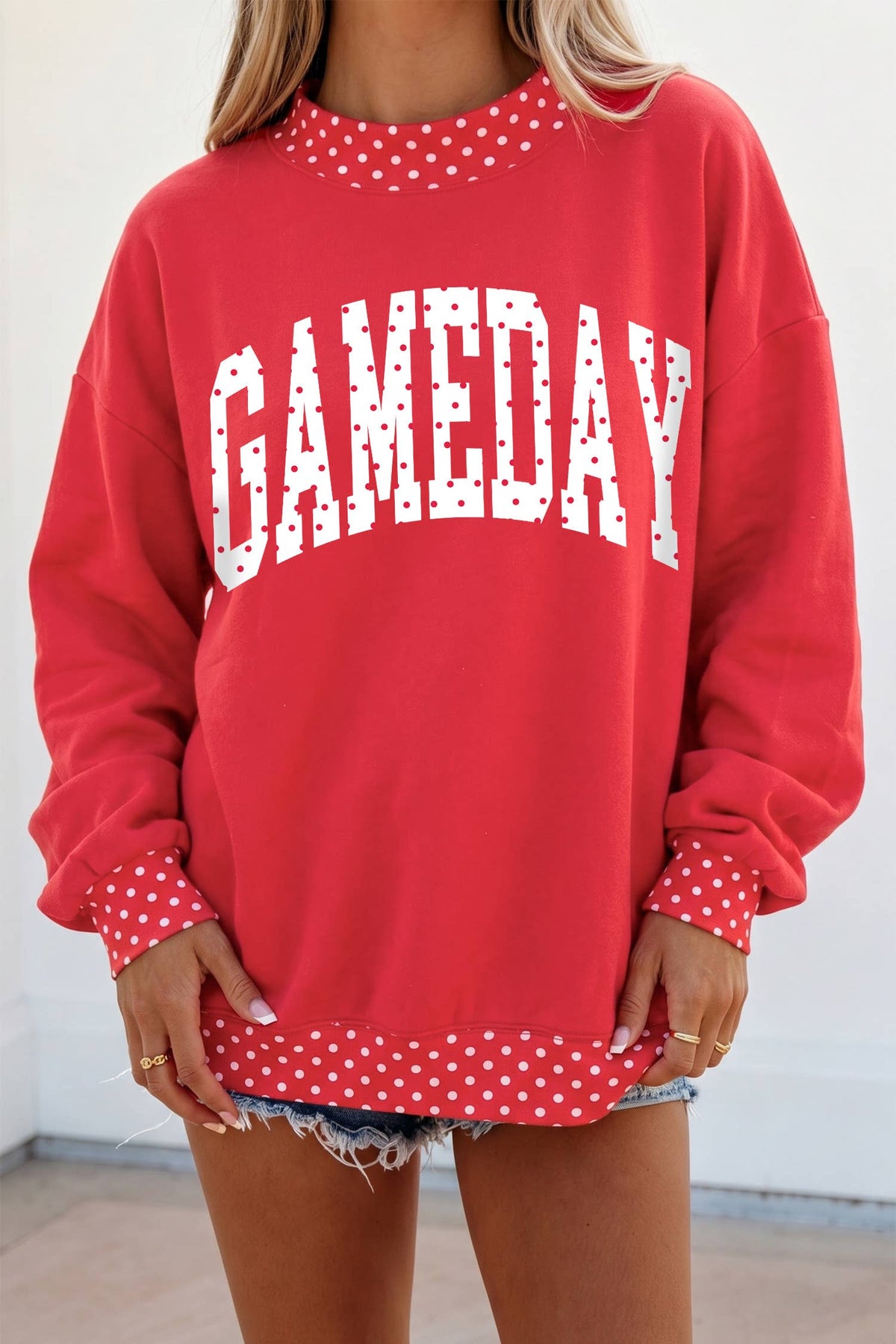 Polka Dot Game Day Graphic Pullover Mock Neck Sweatshirt
