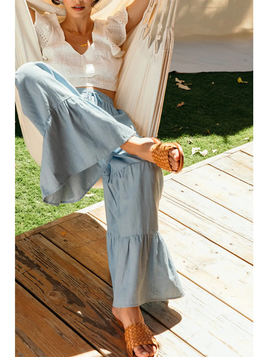 Drawstring Waist Chambray Tiered Wide Pants - Light Blue