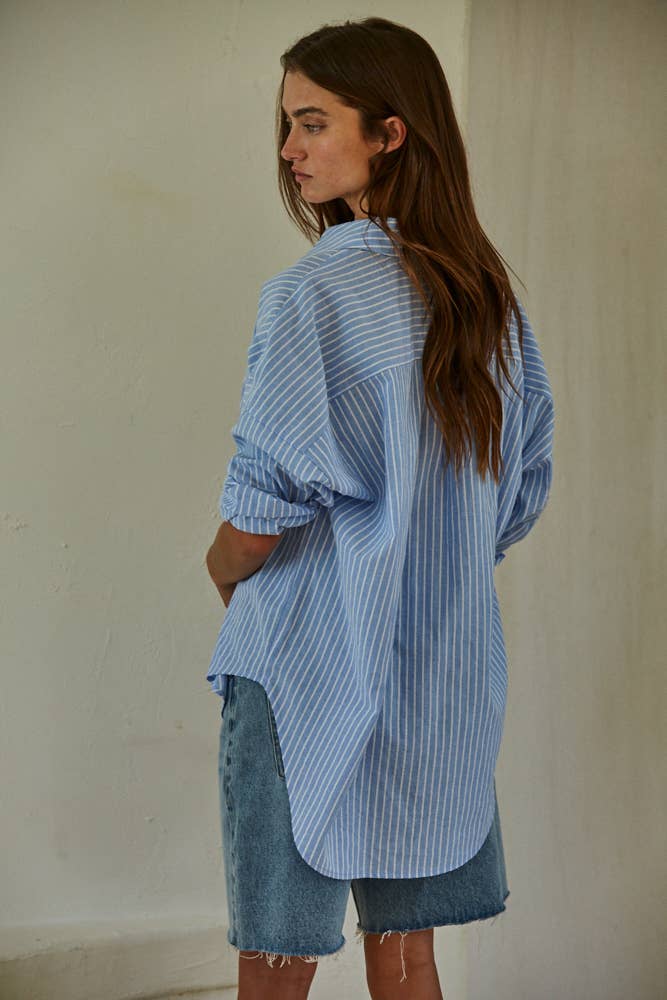 Woven Cotton Polyester Striped Button Down Shirt