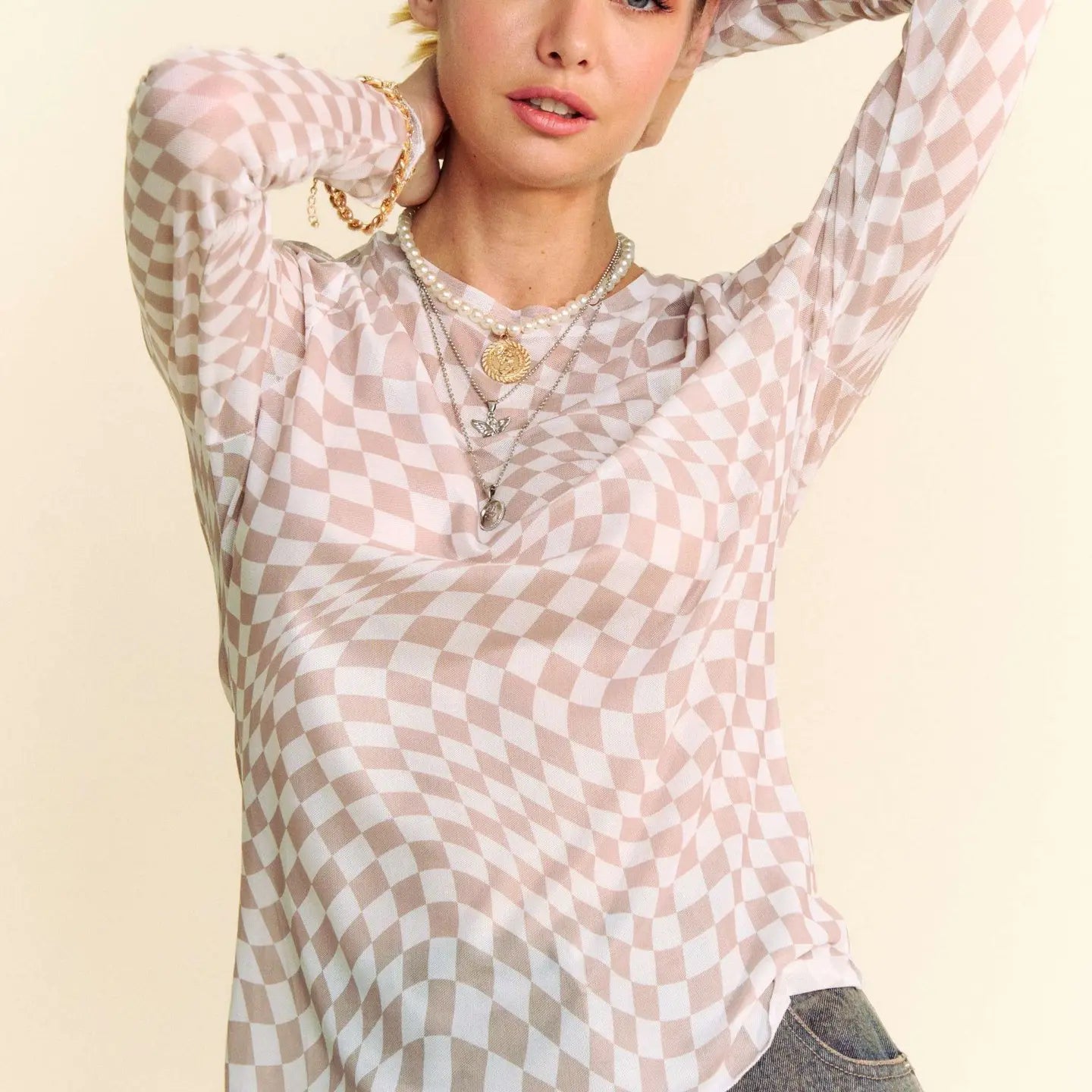 Checker Board Mesh Long Sleeve Layering Top - Ivory/Taupe