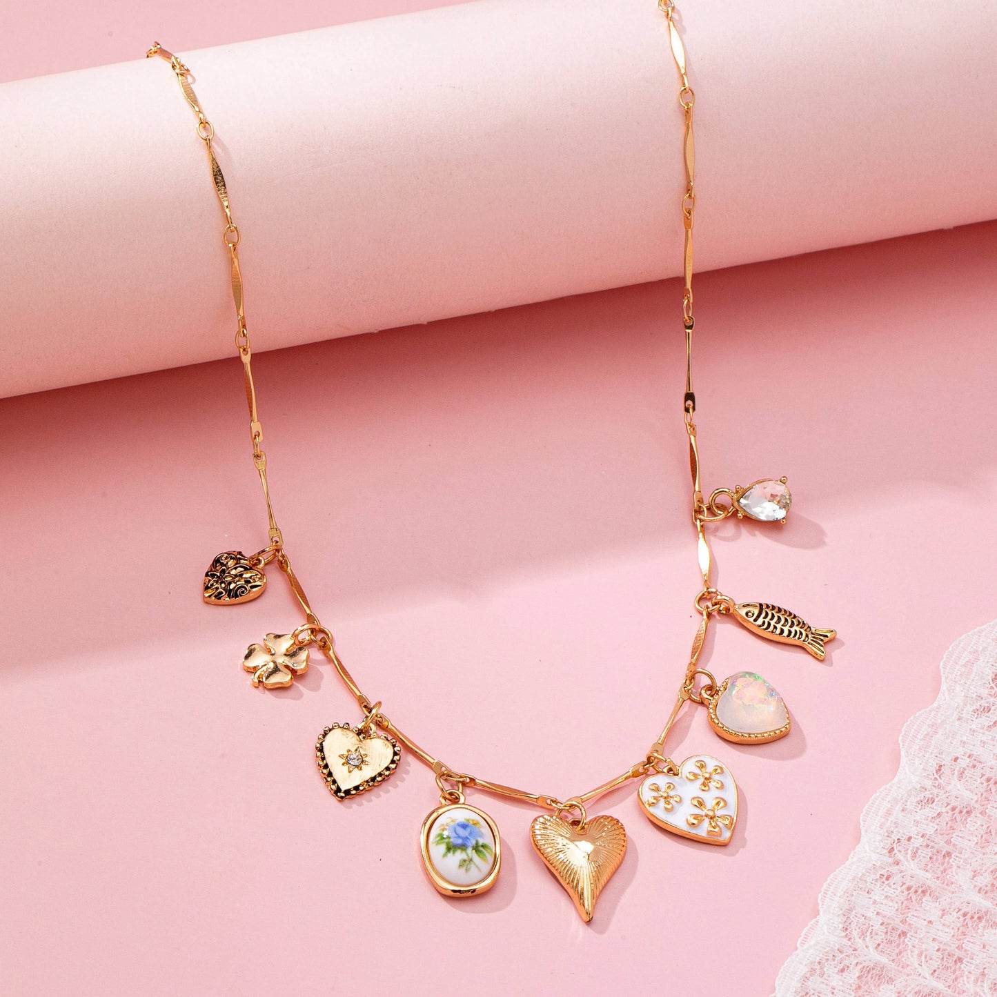 Charm Necklace - Hearts Porcelain Fish Rhinestone