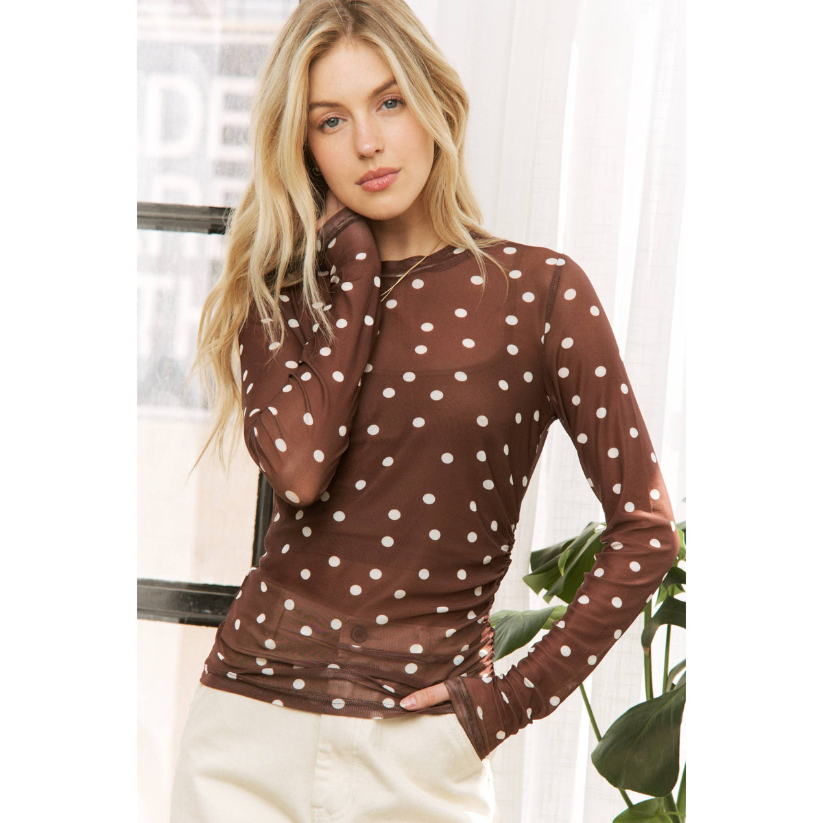 POLKA DOT MESH PRINT SLIM FIT LONG SLEEVES TOP