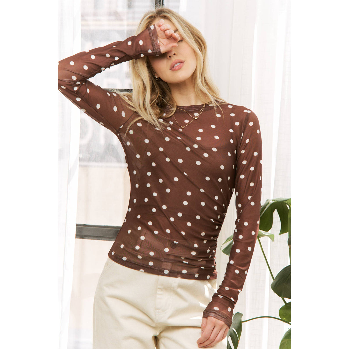 POLKA DOT MESH PRINT SLIM FIT LONG SLEEVES TOP