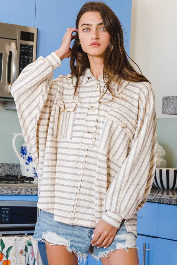 Collared Oversized Button Up Stripe Pullover Top