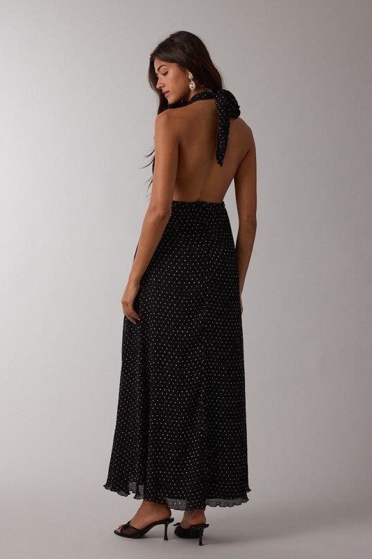 Sheer Polka Dot Halter Tie Open Back Maxi Dress