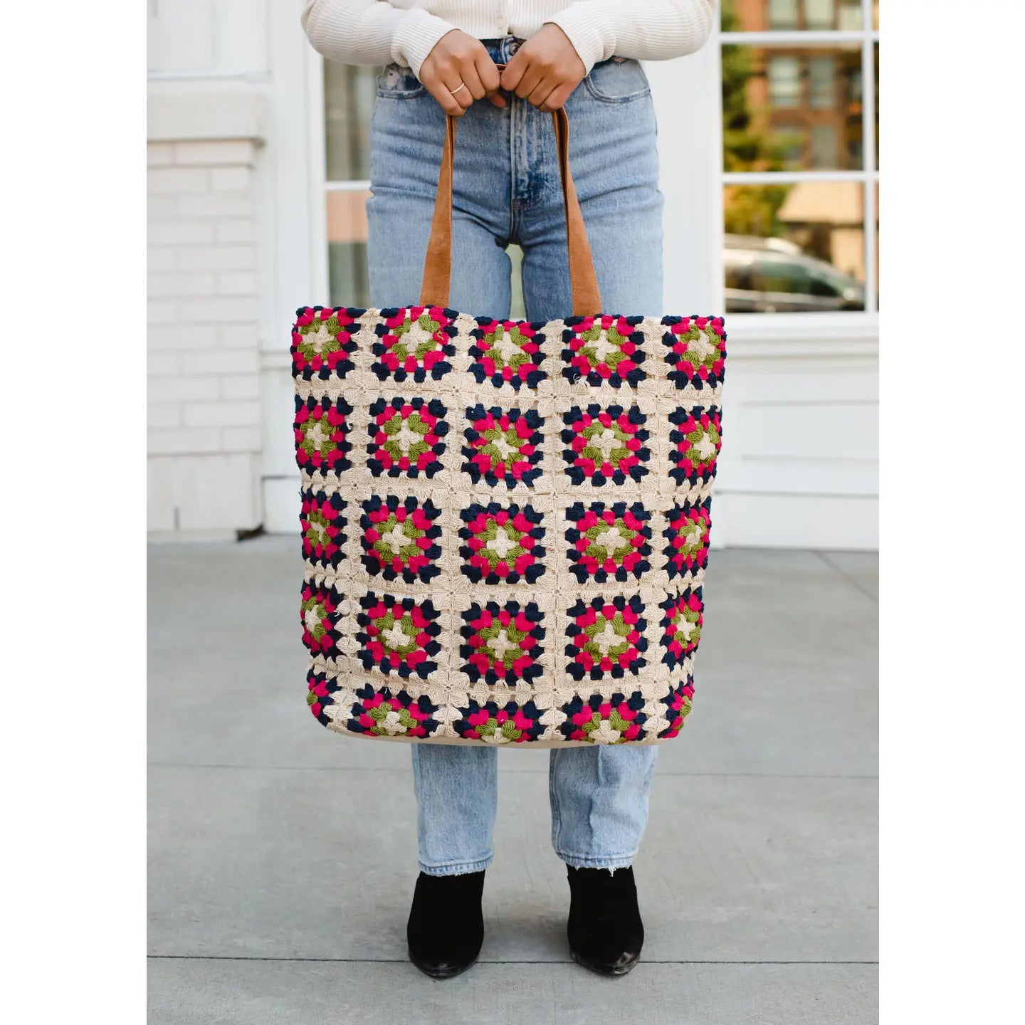 Cream & Multicolored Crochet Tote Bag